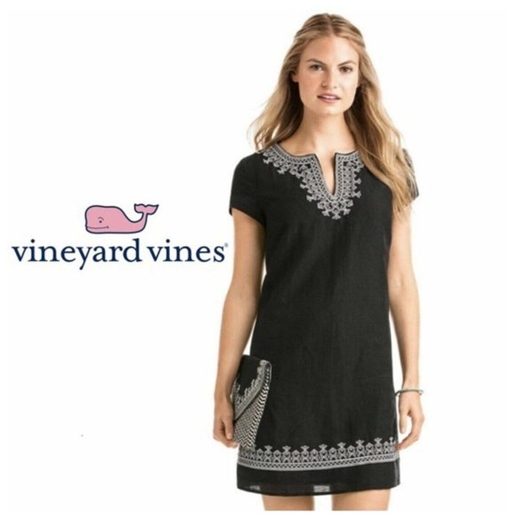Vineyard Vines Shift Dress Linen Blend Black Silver Embroidery Lined Size 16 - Picture 1 of 5